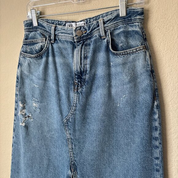 Zara Distressed Released Hem Front Slit Denim Blue Jean Midi Skirt - Picture 4 of 9